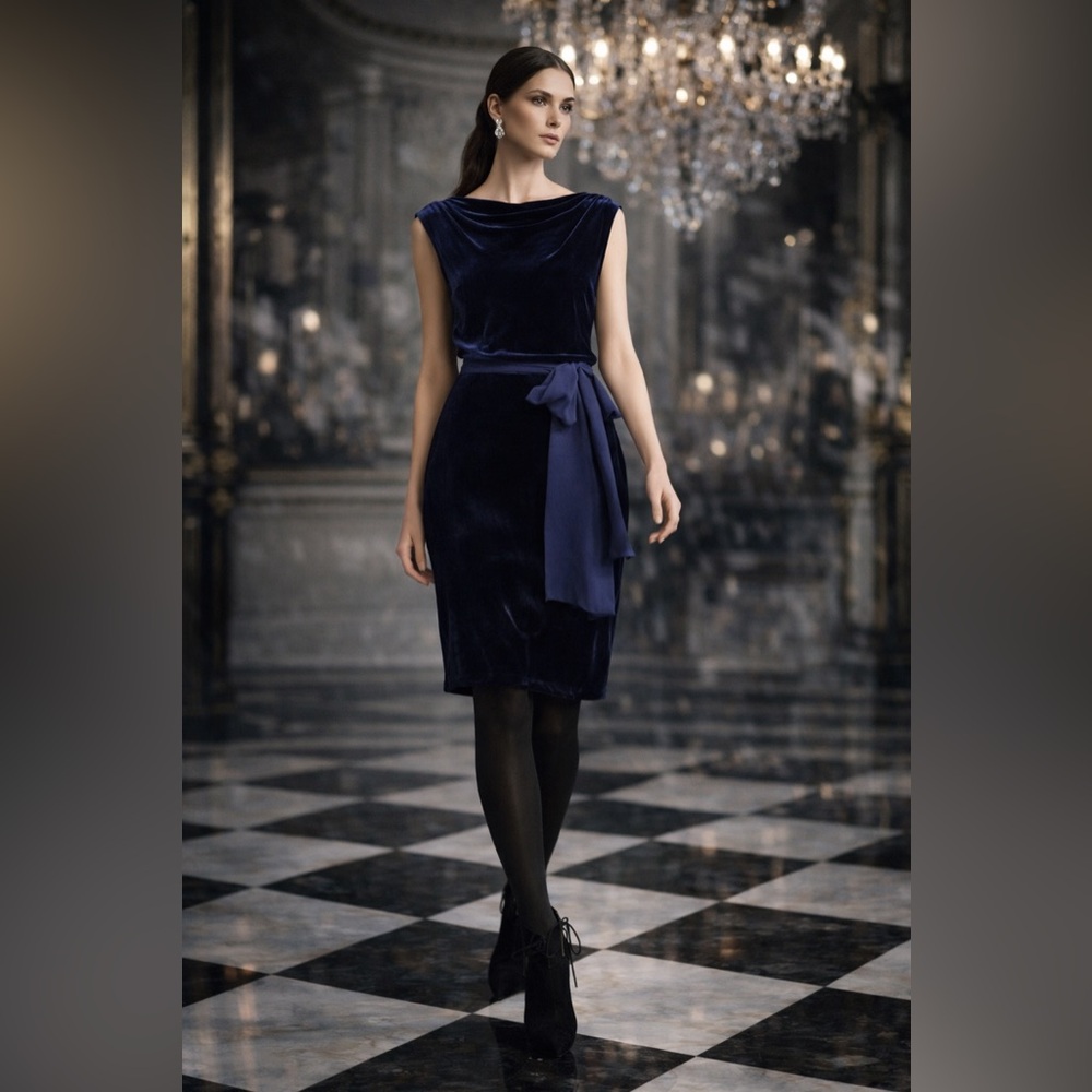 BCBGMaxAzria Blue Velvet Drape-Back Dress – Size XS